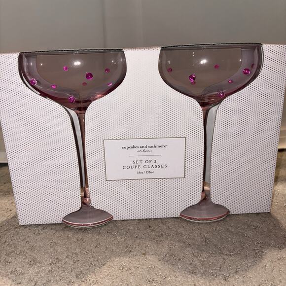NEW Dotted PINK COUPE GLASSES Martini Margarita Cocktail 3D Dots Beaded SET OF 2 - Picture 1 of 6